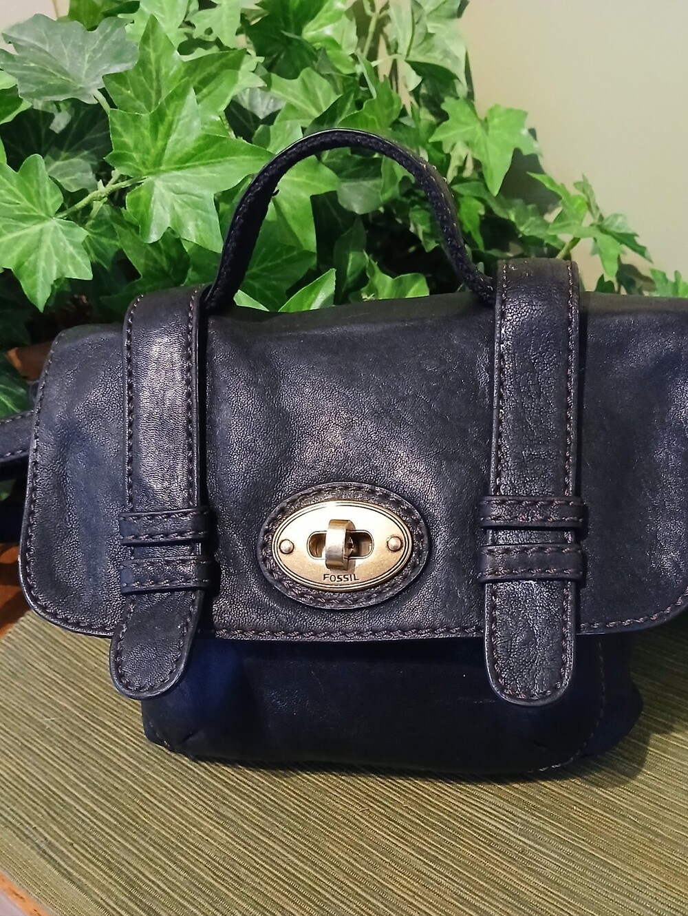Fossil Black Leather Mini Satchel with Gold Turn-Lock